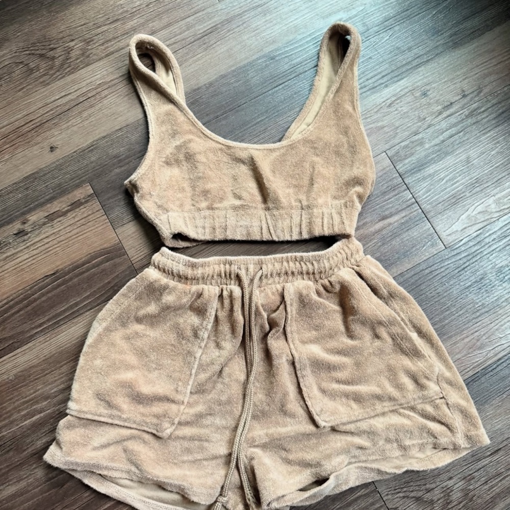 Tan Terry Cloth Crop Top and Shorts Set